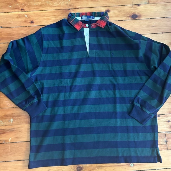 Vintage 90s Polo Ralph Lauren Blue Green Stripe Plaid Collar Rugby Shirt Large - Picture 1 of 9
